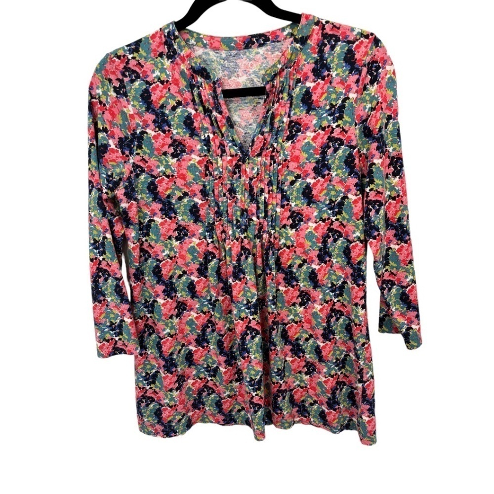 Talbots Floral Stretch Knit Long Sleeve Pin Tuck Peasant Style Top Size Small